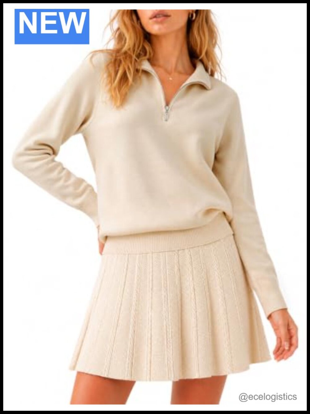 Women's Knit 2-Piece Skirt Set, Half Zip Pullover Sweater Top & Mini Skirt Fall